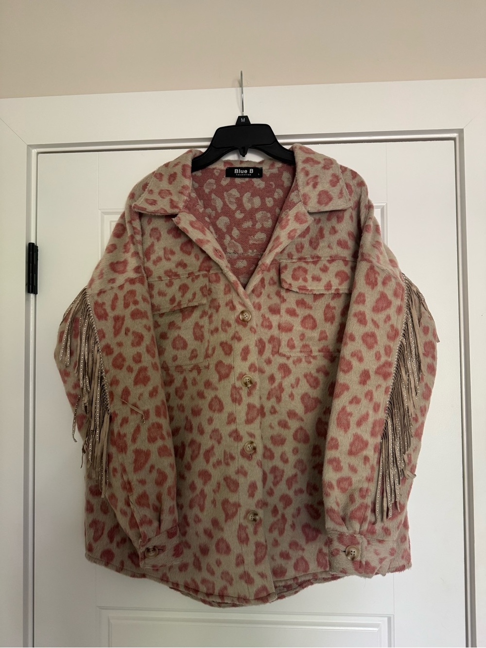 Blue B Pink Leopard Fringe Teddy Jacket